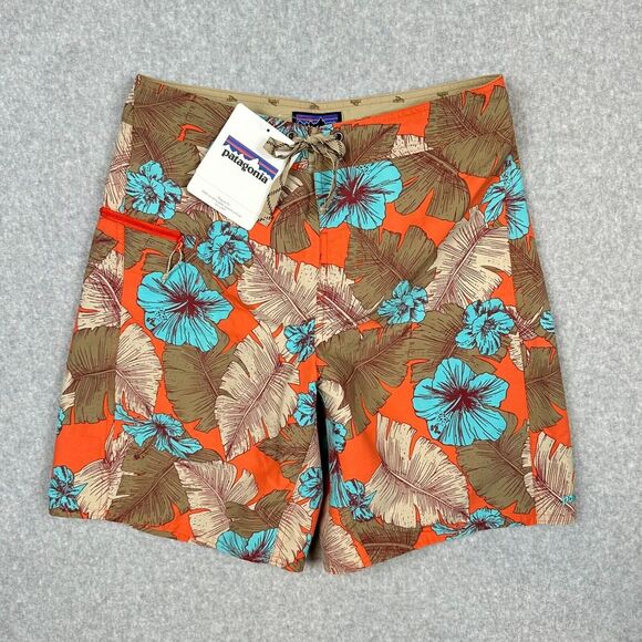 PATAGONIA Board Shorts Mens 30 Orange Floral Wavefarer 10" Beach Pool Boat NWT b - Picture 1 of 12